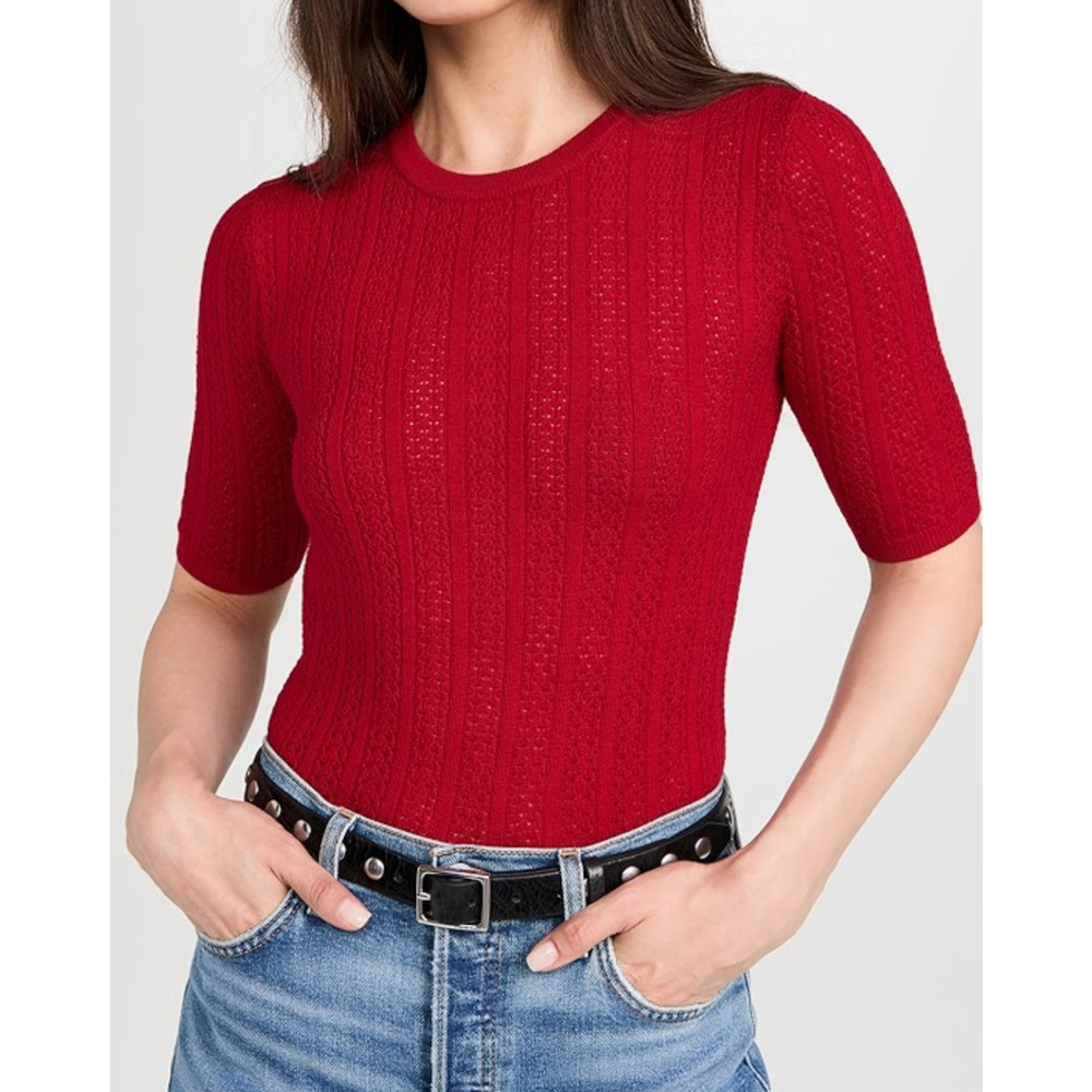 Rag & Bone Tina Sweater Merino Wool Pointelle Knit Short Sleeves Red Size XS